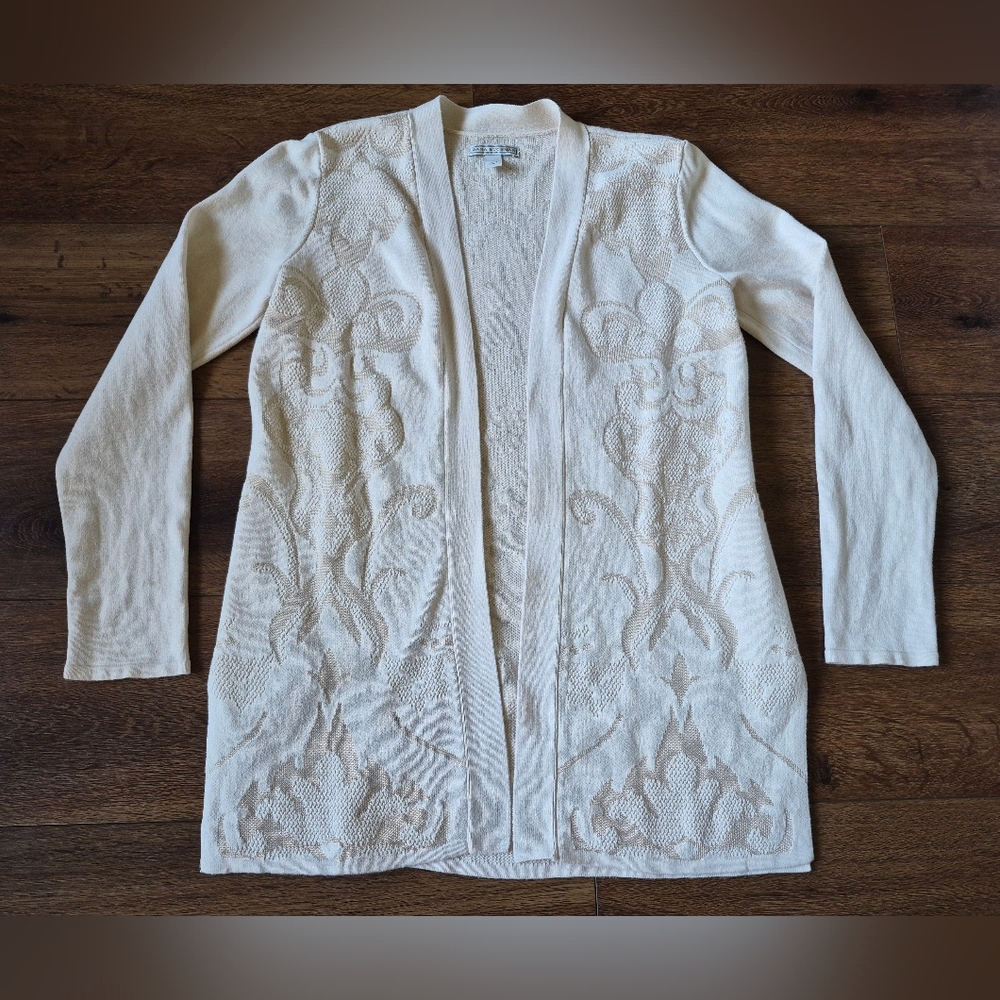 Dana Buchman Open Cardigan Sweater Shrug Cream Tan Applique Pattern Sz S
